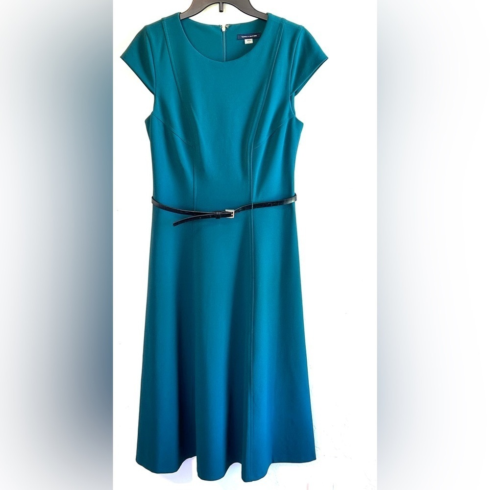 Tommy Hillfiger Emerald Green Career Modest Cap Sleeve Belted Midi Dress Sz 8
